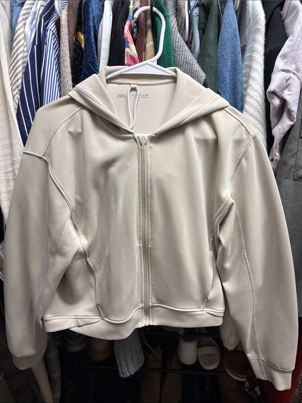 Zara Neutral Beige Hooded Zip Bomber Jacket